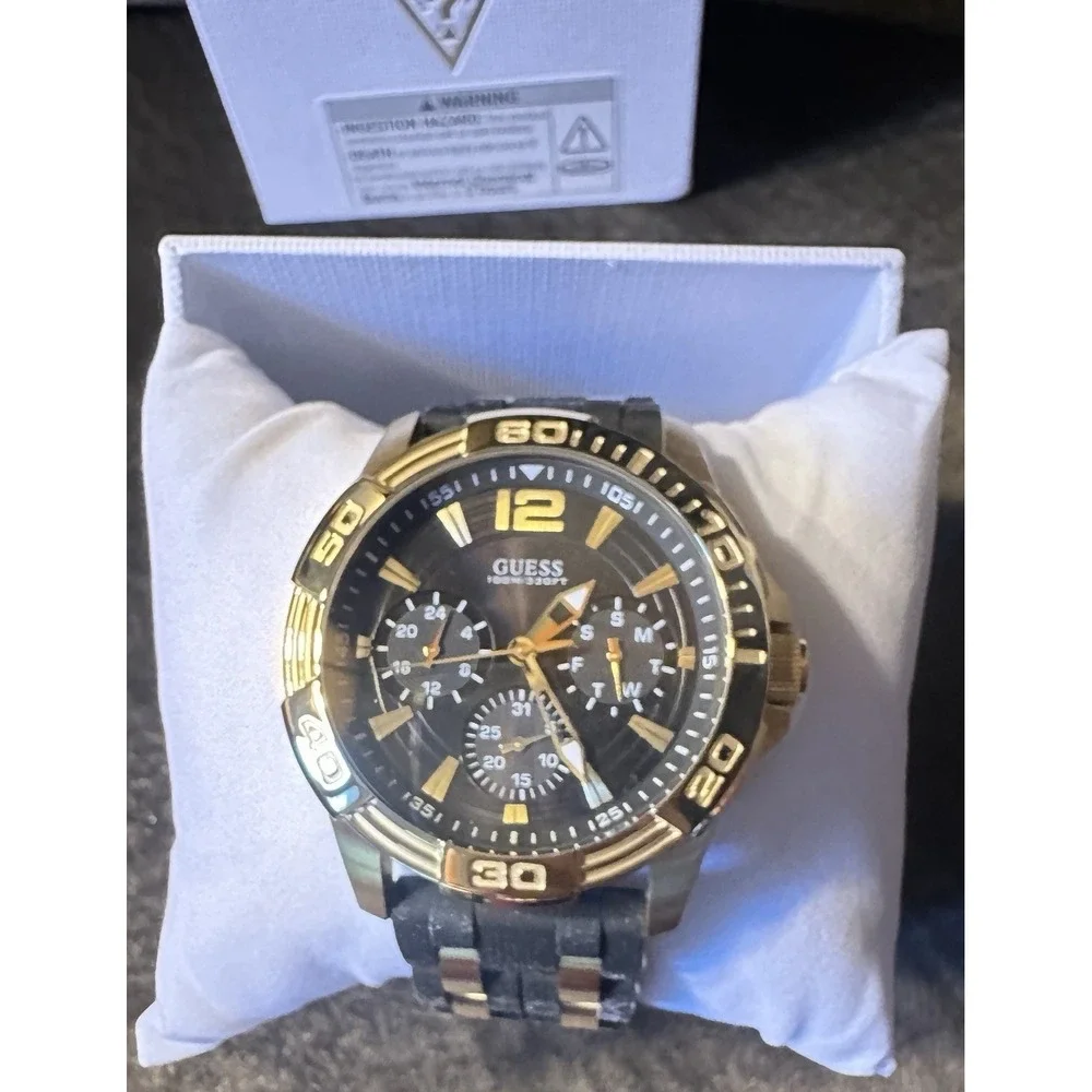 Guess Men's Iconic Black‎ Dial Gold Tone Silicone Band Analog Watch NIB
